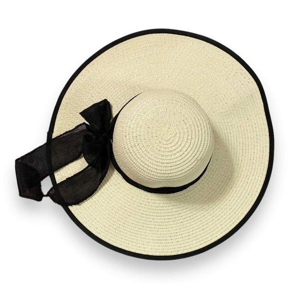 Beige Black Floppy Wide Brim Linen Bow Trim Chin Strap Straw Hat - NEW - Picture 2 of 3